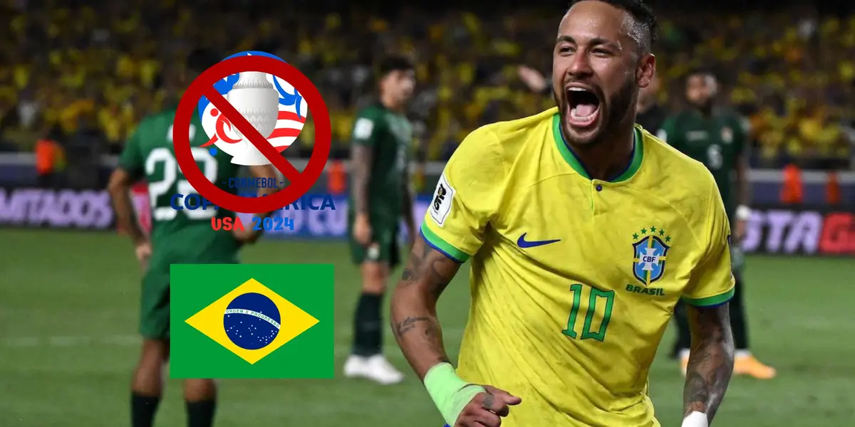 Neymar celebrates a goal for Brazil while the Copa America logo is crossed out and the Brazil flag is next to him. (Source: Ginga Bonito X, Conmebol)