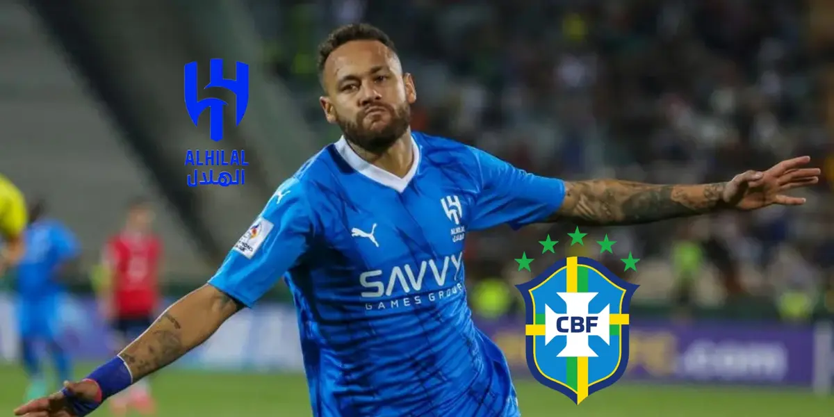 Neymar celebrates his goal for Al Hilal while the Al Hilal logo and the Brazilian national team badge is next to him. (Source: Al Hilal)