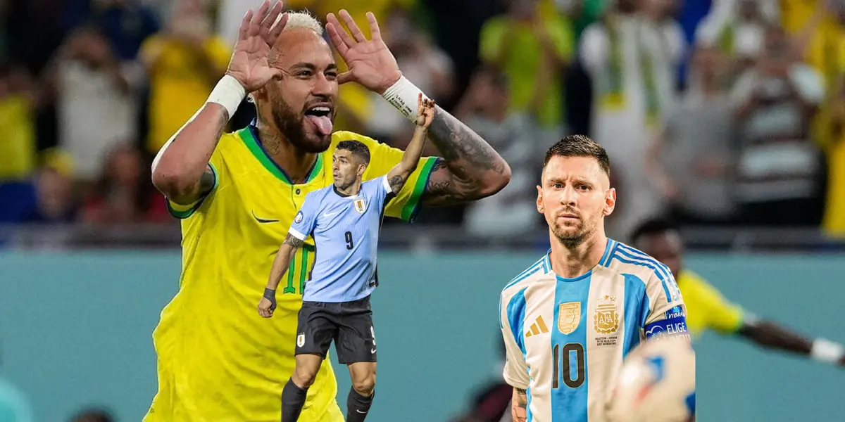 Neymar does his celebration with Brazil as Luis Suarez and Lionel Messi represent their respective national teams. (Source: MARCA, Messi Xtra X, Uruguay national team X)