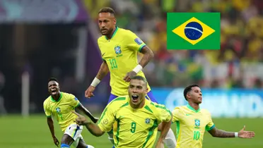 Neymar is playing football on the pitch with the Brazil kit while Vincius Jr, Rodrygo, and Ronaldo Nazario celebrate their goals. (Source: Getty Images)
