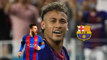 Neymar Jr. smiles while he wears the FC Barcelona jersey and Lionel Messi shouts as he scored for Barca; the FC Barcelona badge is next to them. (Source: Getty Images)