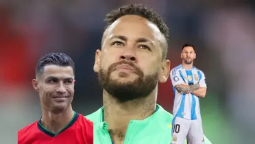 Neymar looks up while Cristiano Ronaldo and Lionel Messi smile as they wear their national team jerseys. (Source: Team Neymar X, GOATTWORLD X, Messi Xtra X)