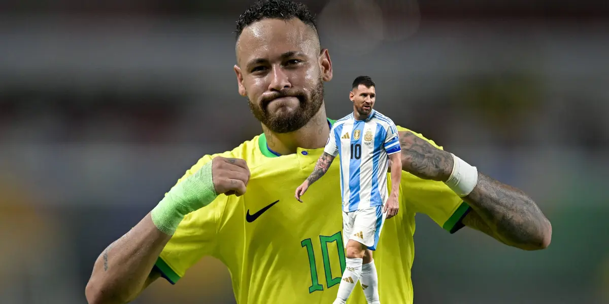 Neymar pulls his Brazil jersey and Lionel Messi walks confused as he wears the Argentina national team jersey. (Source: Getty Images, Messi Xtra X)