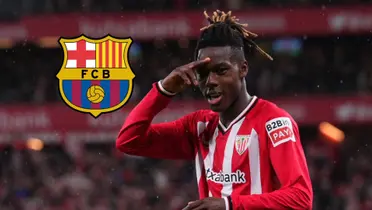 Nico Williams does his trademark celebration while the FC Barcelona badge is next to him. (Source: Barca Universal X)