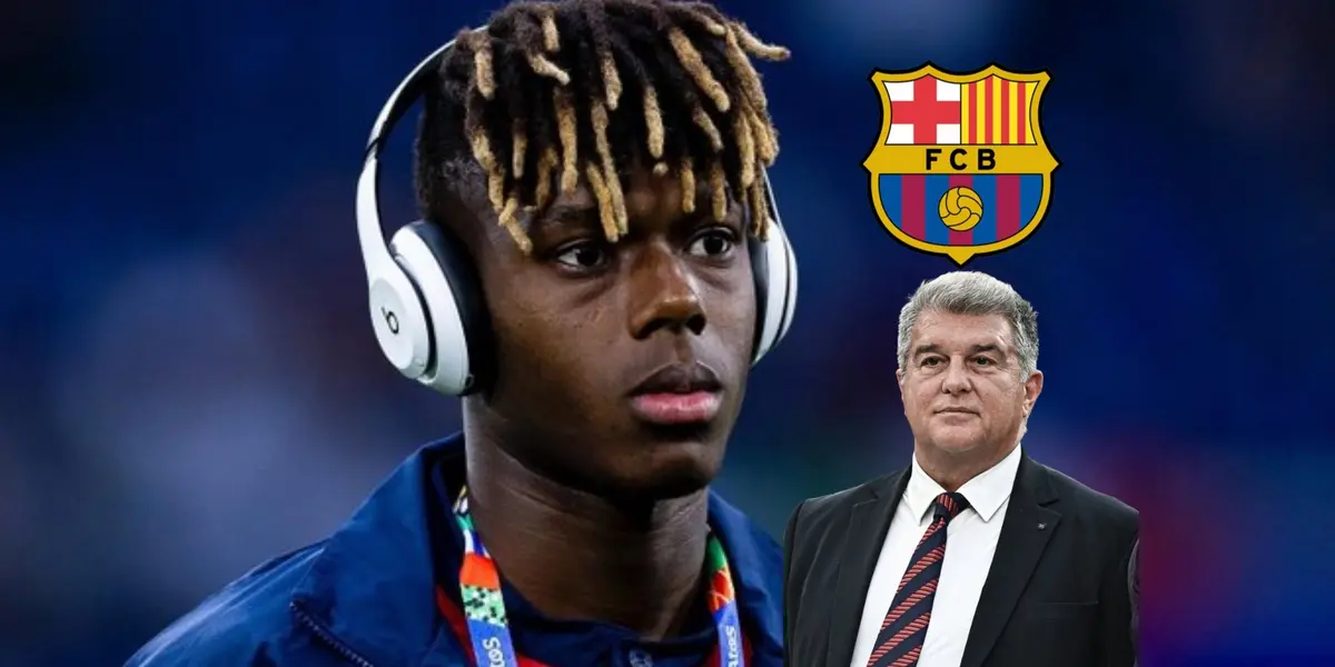 Nico Williams listens to music while Joan Laporta wears a suit and the FC Barcelona badge is above him. (Source: Barca Universal X)