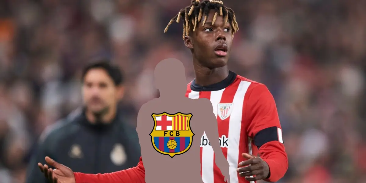 Nico Williams looks up while he wears the Athletic Bilbao jersey and the mystery player has the FC Barcelona badge on him. (Source: Barcacentre X)