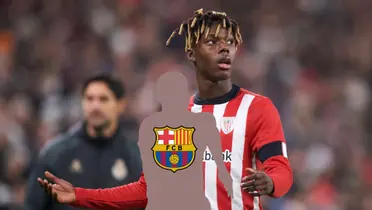 Nico Williams looks up while he wears the Athletic Bilbao jersey and the mystery player has the FC Barcelona badge on him. (Source: Barcacentre X)