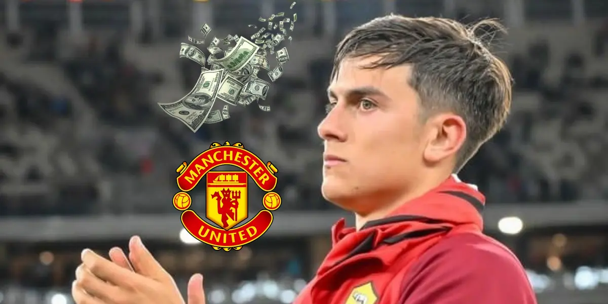 Paulo Dybala claps while wearing an AS Roma sweater as the Manchester United badge and flying money is next to him. (Source: UTD Truthful X)