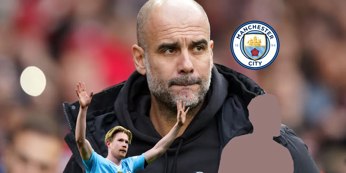 Pep Guardiola looks worried while Kevin De Bruyne seems to say goodbye and a mystery player is under the Manchester City badge. (Source: Manchester City)