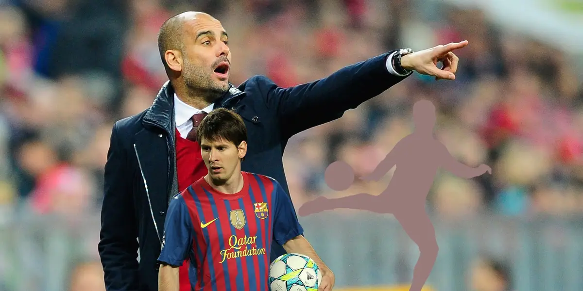 Pep Guardiola points to the pitch while Lionel Messi holds the ball with a Barcelona jersey on and a mystery player is about to kick the ball. (Source: Getty Images/EMPICS/PA)