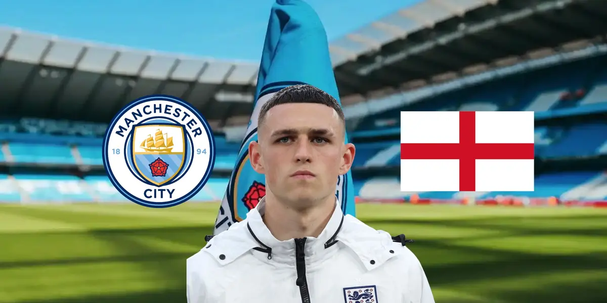 Phil Foden is focused with the England jacket while the Man City badge and the England flag is next to him. (Source: MCFC Lads X)