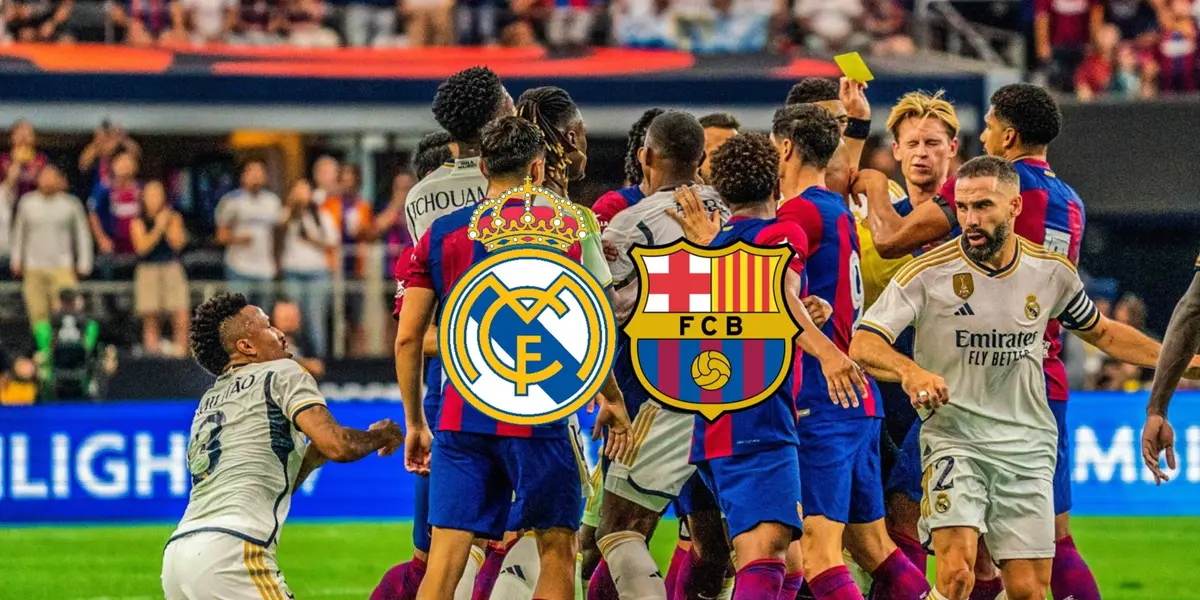 Real Madrid and FC Barcelona players fight each other as the Real Madrid and FC Barcelona badges is in the middle. (Source: Eurofootcom X)