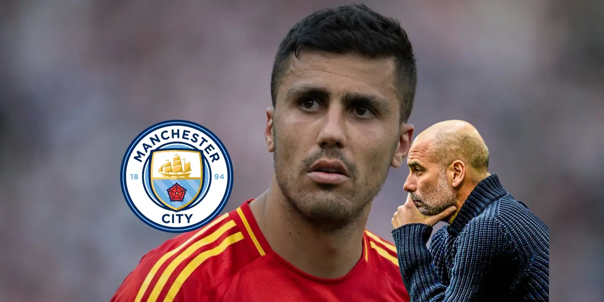 Rodri looks serious with the Spain jersey on; Pep Guardiola looks concerned and the Man City badge is next to him. (Source: Sportbible X)