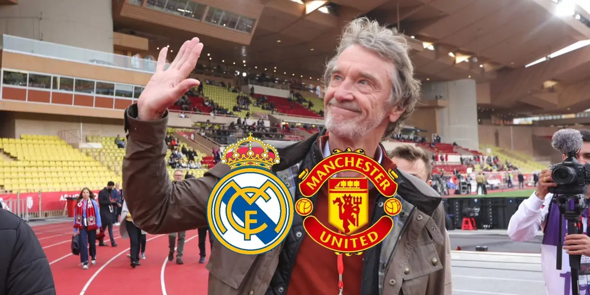 Sir Jim Ratcliffe smiles and waves to the fans as the Real Madrid and Manchester United logo is below him. (Source: Fabrizio Romano X)