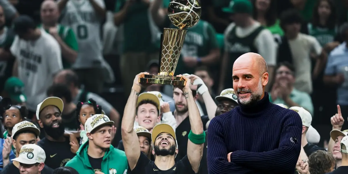 The Boston Celtics celebrate the NBA Championship and Pep Guardiola grins. (Source: Boson Celtics X, Man City X)