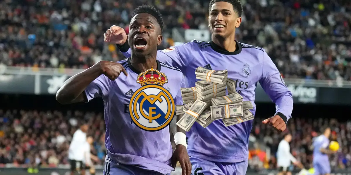 Vinicius Jr. and Jude Bellingham celebrate a Real Madrid goal together as the Real Madrid badge and a stack of cash is below him. (Source: Getty Images)