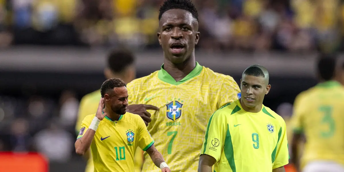 Vinicius Jr. points at himself while Ronaldo Nazario looks to the side and Neymar puts his hand to his ear. (Source: Transfermarkt, Neymar Jr.)