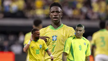 Vinicius Jr. points at himself while Ronaldo Nazario looks to the side and Neymar puts his hand to his ear. (Source: Transfermarkt, Neymar Jr.)
