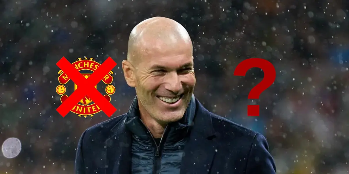 Zinedine Zidane smiles as the Manchester United badge is crossed out and a question mark is next to him. (Source: Getty Images)